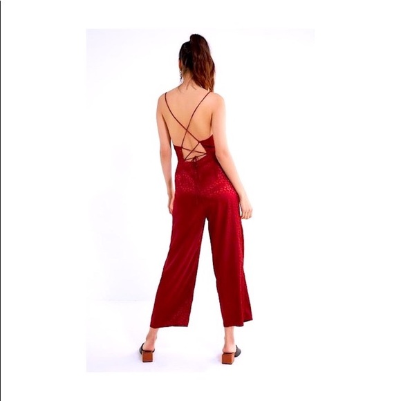 Red UO Lily Leopard Jacquard Lace-Up Jumpsuit - Picture 1 of 4
